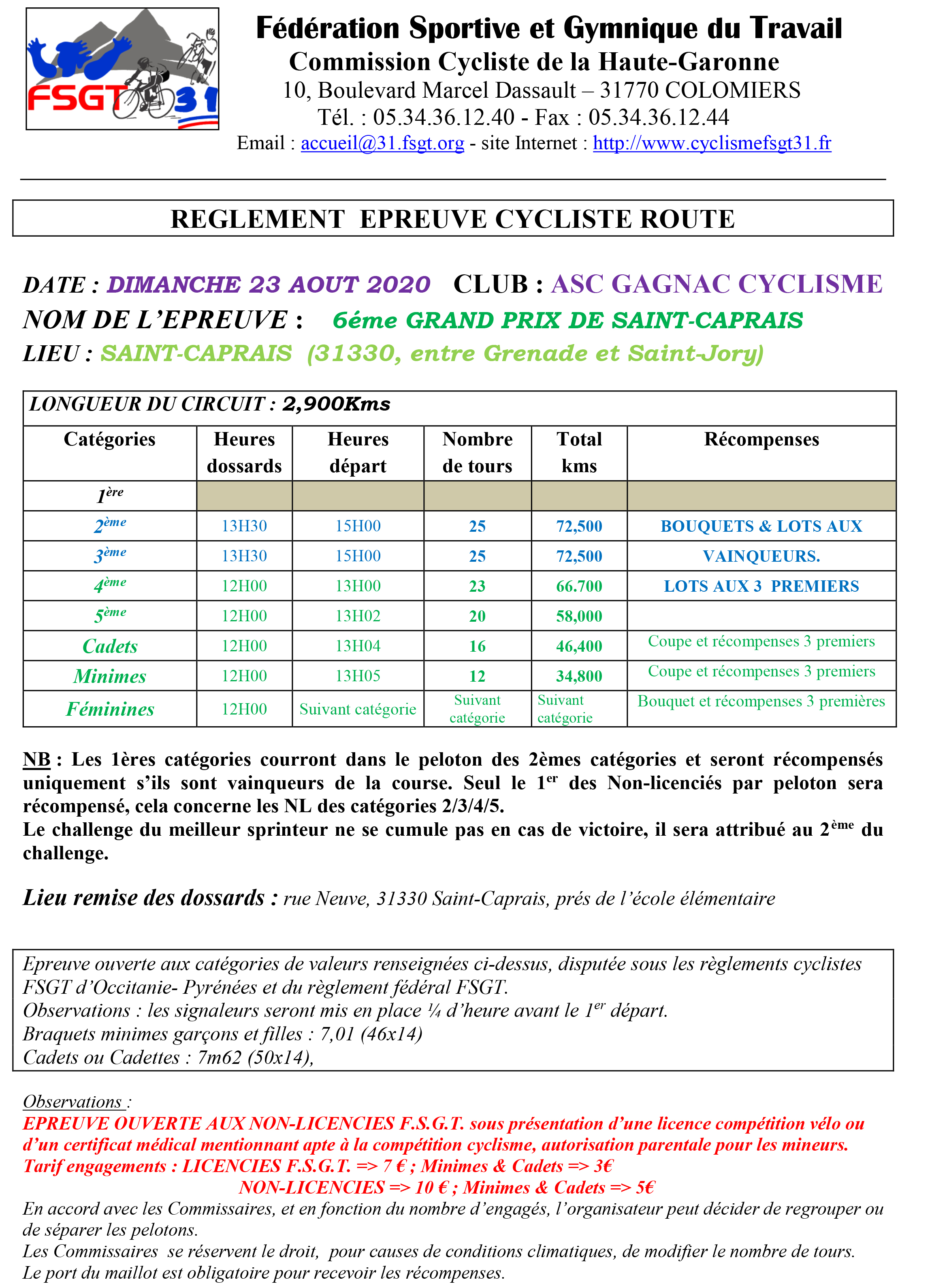 Fiche Epreuve Route St CAPRAIS 23 08 2020