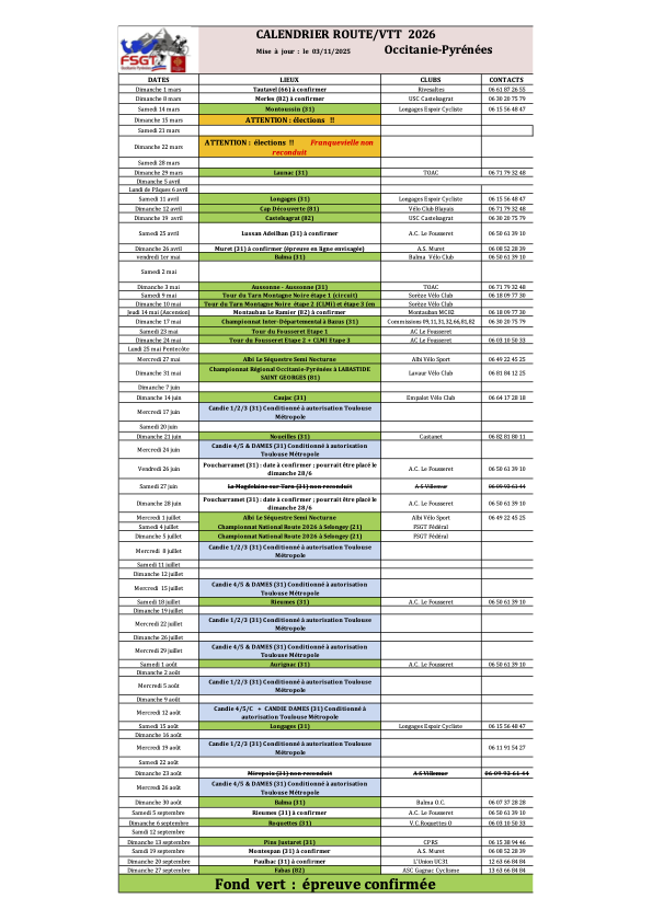 Calendrier Route FSGT2026 V20251103